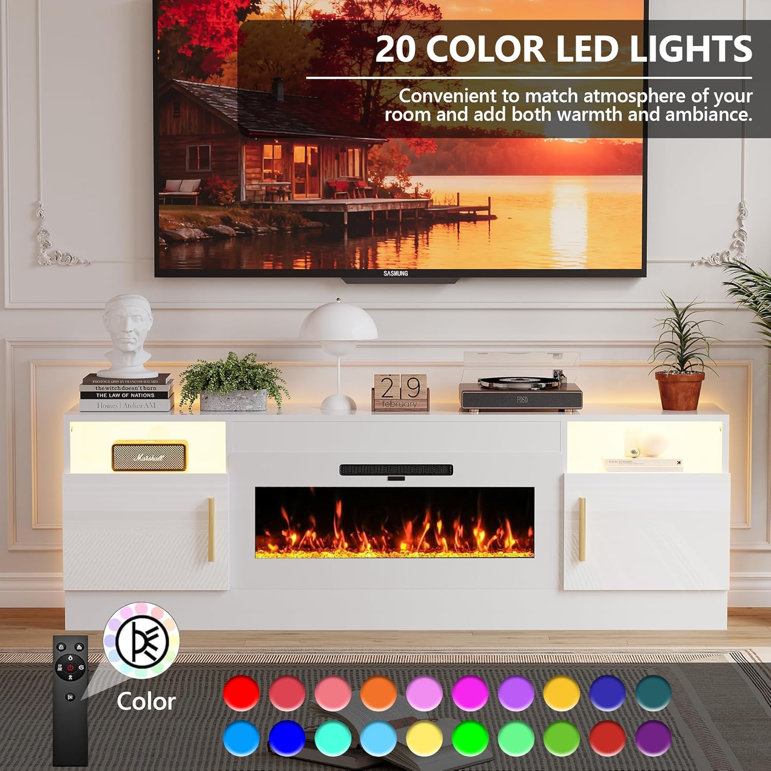 Fireplace TV Stand with 36'' Electric Fireplace, 70'' TV Media Entertainment Center with Fireplace Up to 80 inch,Modern LED TV Console with High Gloss Cabinet for Living Room