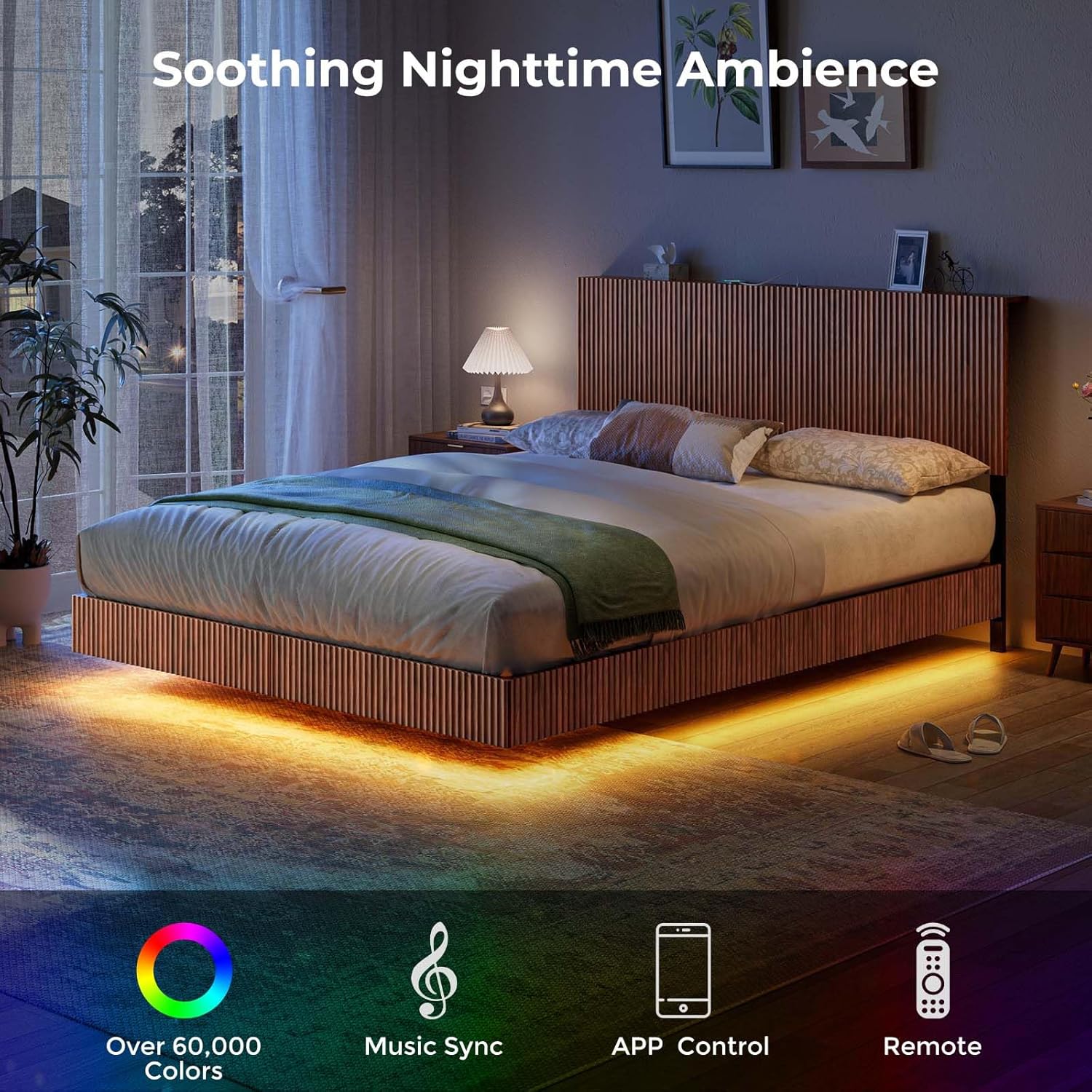 Evermagin Walnut Queen Floating Bed Frame with Headboard, Mid Century Modern Fluted Platform Bed with LED Lights, Heavy Duty Floating Bedframe with Charging Station, No Box Spring Needed