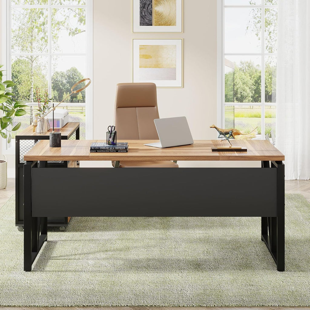 Tribesigns 63" Executive with Drawer Cabinet, L Shaped Desk and Lock lateral File Cabinet, 2 Piece Home Office Furniture Set with Drawers for Hanging File, (Brown, 63 inches)
