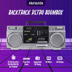 aiwa Retro Boombox CD Player with Cassette Recording  Bluetooth 5.0  FM/AM Radio  USB/SD/AUX Inputs  VU Meters  LCD Display  Dual 40W Speakers - Silver