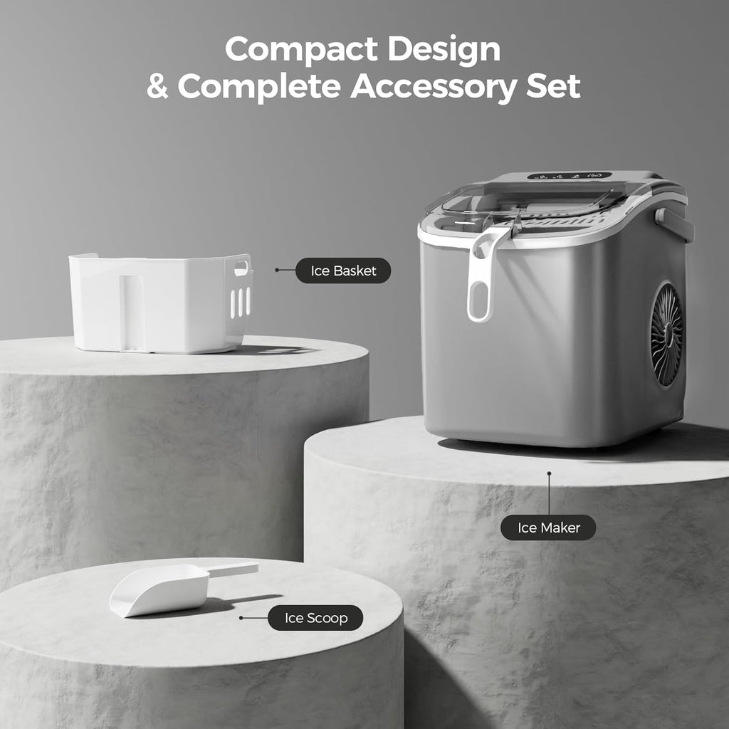 Crzoe Countertop Ice Maker Machine with Handle,26Lbs/24H,9 Cubes Ready in 6 Mins,Self-Cleaning Function with Ice Scoop and Basket for Home/Office(Grey)
