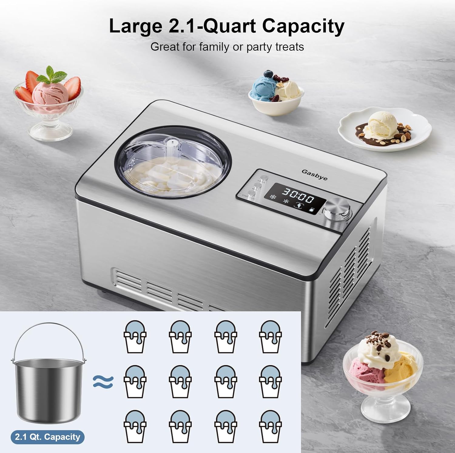 Ice Cream Maker with Upgraded Compressor, 40% Faster Freezing, No Pre-Freezing Needed, LED Display, 2.1 Qt Capacity, Easy Operation for Ice Cream & Yogurt, Stainless Steel