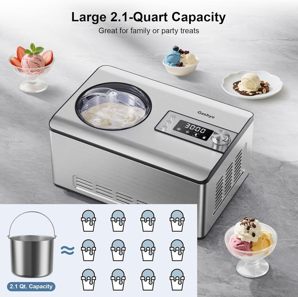 Ice Cream Maker with Upgraded Compressor, 40% Faster Freezing, No Pre-Freezing Needed, LED Display, 2.1 Qt Capacity, Easy Operation for Ice Cream & Yogurt, Stainless Steel