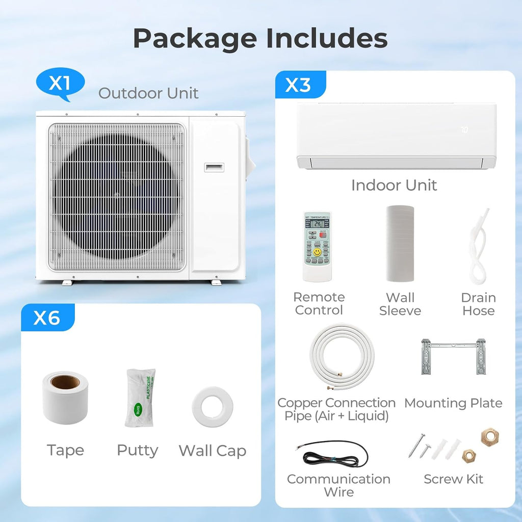 SIMOE 30k BTU Tri 3 Zone Multi Zones Mini Split AC Heat Pump Full Set, Mini Split Air Conditioner, 23 SEER2, Wifi-Enabled 9k+12k+12k BTU, 208-230V, Ductless Energy Star, Installation Kit