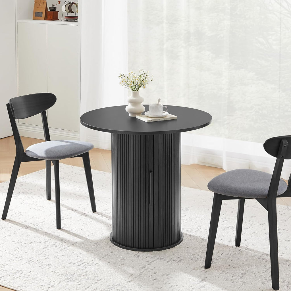 31.5" Round Dining Table for 2-4, Modern Kitchen Table with 2-Tier Storage Shelf, Small Wooden Circle Dining Tables with Fluted Base for Home Dining Room Living Room (Black)