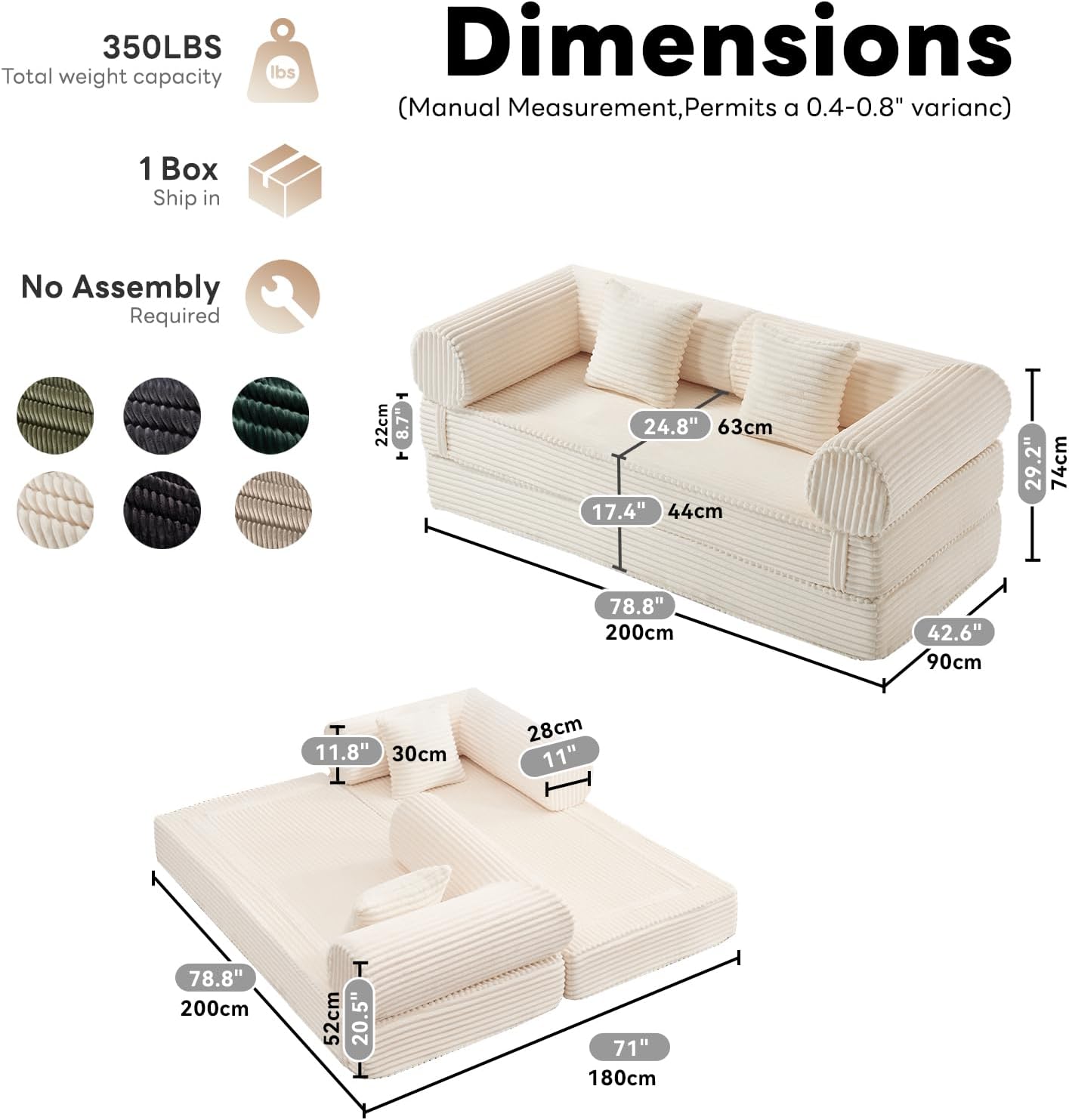 Tbfit 79'' Convertible Sofa Bed, Oversized Corduroy Folding Boneless Couch, Futon Mattress Sleeper Sofa, Comfy Foldable Upholstered Floor Couches for Living Room, Beige
