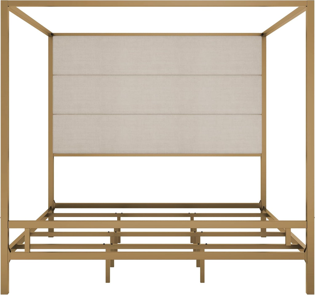 Merax King Size Gold Metal Canopy Bed Frame, Modern Upholstered Linen Headboard with Tall Back Support, 800 lbs Weight Capacity, Luxurious 4-Poster Bedroom Furniture for Modern Home, Gold+Tan