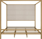 Merax King Size Gold Metal Canopy Bed Frame, Modern Upholstered Linen Headboard with Tall Back Support, 800 lbs Weight Capacity, Luxurious 4-Poster Bedroom Furniture for Modern Home, Gold+Tan