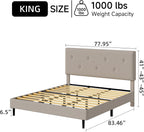 King Size Linen Bed Frame, Upholstered Platform Bed Frame with Adjustable Headboard, Wooden Slats Support, Easy Assembly, No Box Spring Needed, Beige