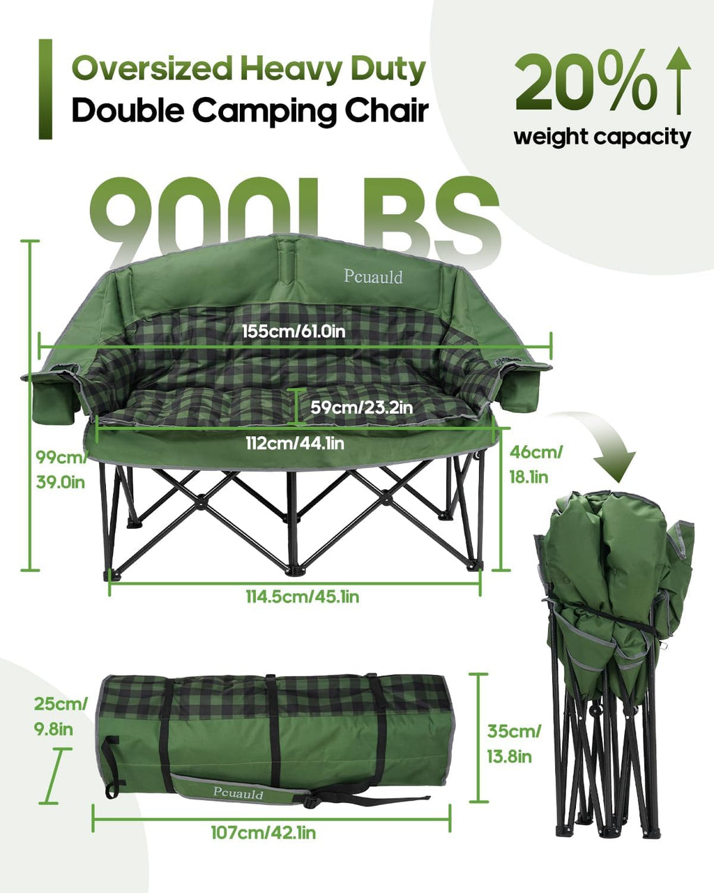 Double Camping Chair Padded Loveseat for Adults, Oversized 2 Person Camp Couch with 2 in 1 Carry Bag, Heavy Duty Folding Outdoor Sofa with Cup Holders for Lawn Beach Tailgating, Green