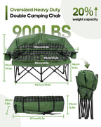 Double Camping Chair Padded Loveseat for Adults, Oversized 2 Person Camp Couch with 2 in 1 Carry Bag, Heavy Duty Folding Outdoor Sofa with Cup Holders for Lawn Beach Tailgating, Green