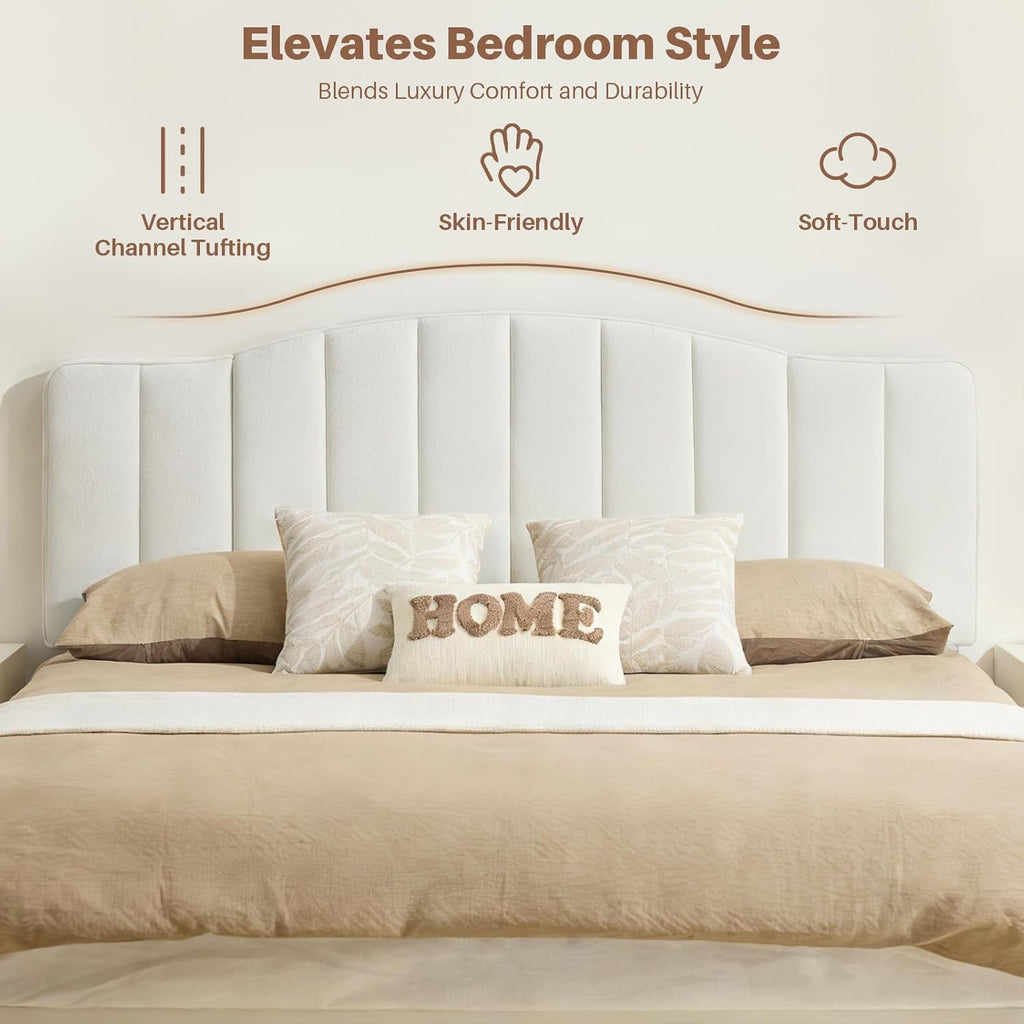 King Size Headboard Only, Upgraded One-Piece Bed Headboards Adjustable Height&Width Upholstered California King Headboard, Modern Vertical Channel Design Lush Velvet Head Board, White