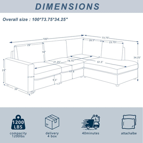 100“ L Shaped Couch with Reversible Chaise Sectional Sofa Corner Couches for Living Room,Apartment and Compact Spaces (Grey)