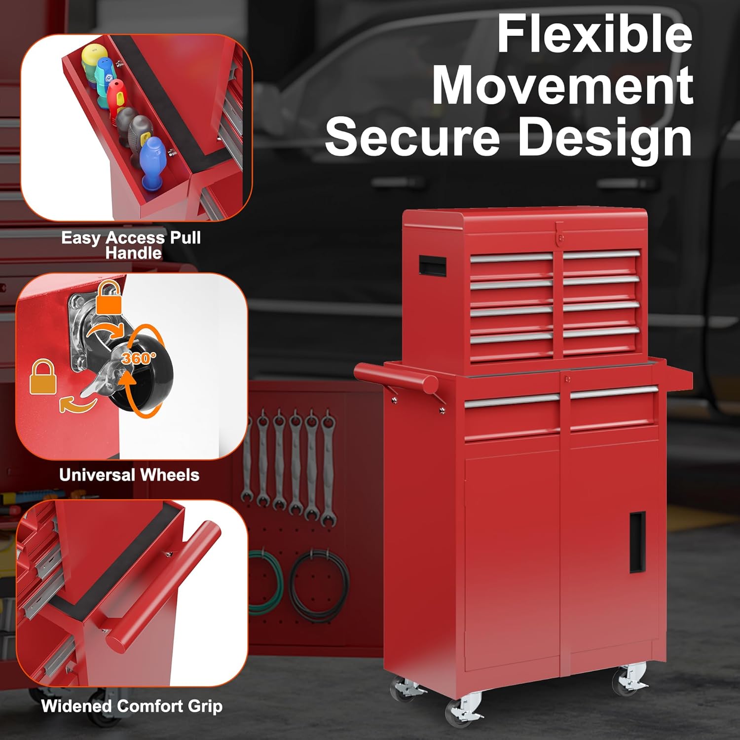 AirWire 5-Drawer Tool Chest, Rolling Tool Storage Cabinet with Detachable Top Tool Box, Enhanced Packaging, Metal Tool Cart for Garage Workshop, Red