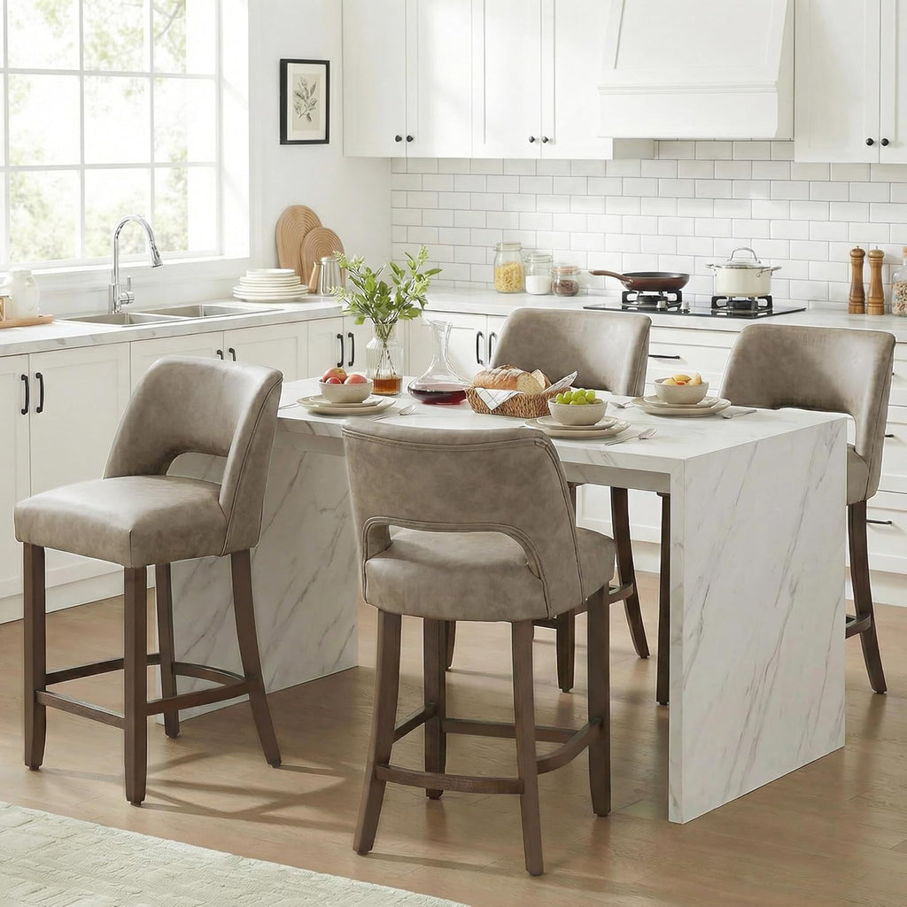 VKNOW 26" Bar Stools Set of 2, Faux Leather Counter Height Bar Stools with Backrest and Rubberwood Legs, Upholstered Barstools for Kitchen Island, Bar and Dining Room, Taupe