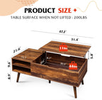 WLIVE Coffee Table, 47“ Lift Top Coffee Tables with Adjustable Storage Shelf and Hidden Compartment, Lift Tabletop Dining Table for Living Room, Rustic Oak