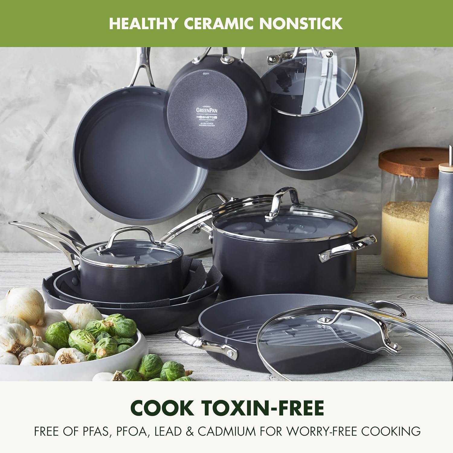 GreenPan Valencia Pro Ceramic Nonstick 16 Piece Cookware Set, Hard Anodized PFAS-Free Pots & Pans, Induction Ready, Compatible on All Cooktops, Dishwasher Safe, Oven Safe to 600F, Gray
