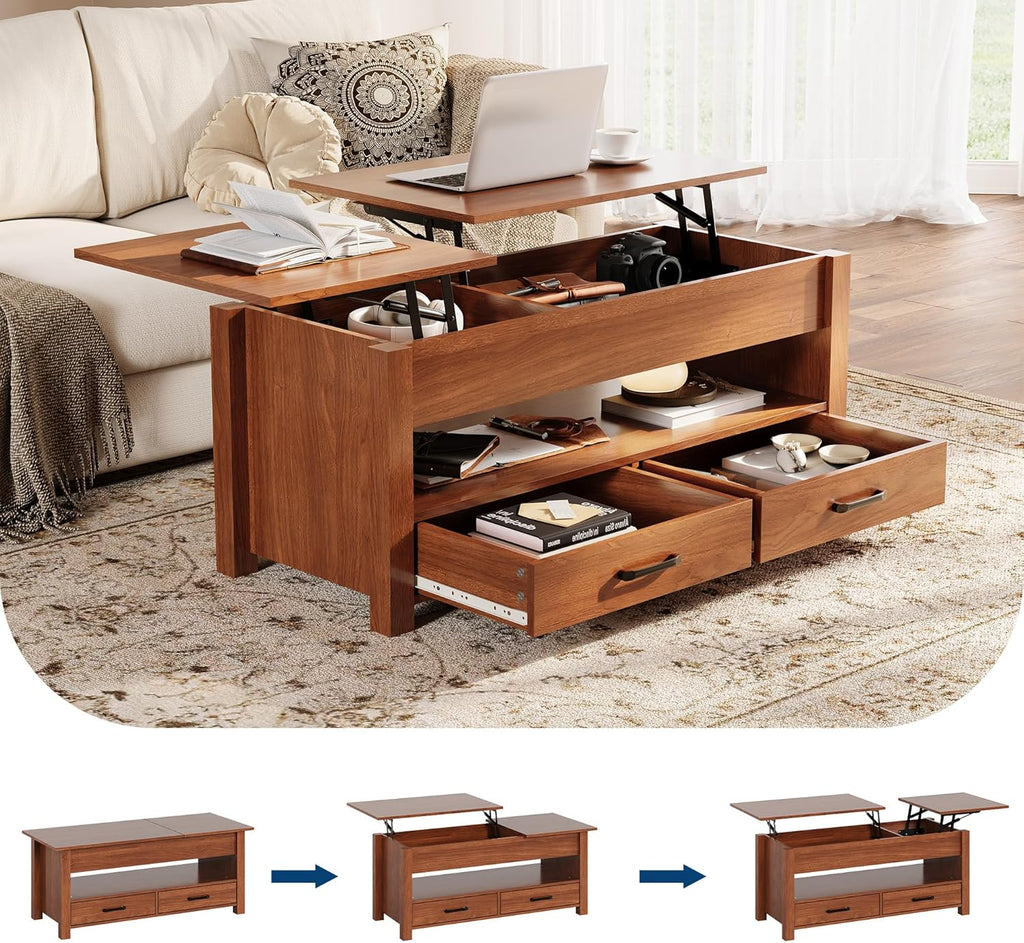 GarveeHome Coffee Table Lift Top, Convertible Coffee Table with Wooden Lift Tabletop, 2 Drawers and Hidden Compartment, Central Table with Storage for Living Room Home Office, Brown