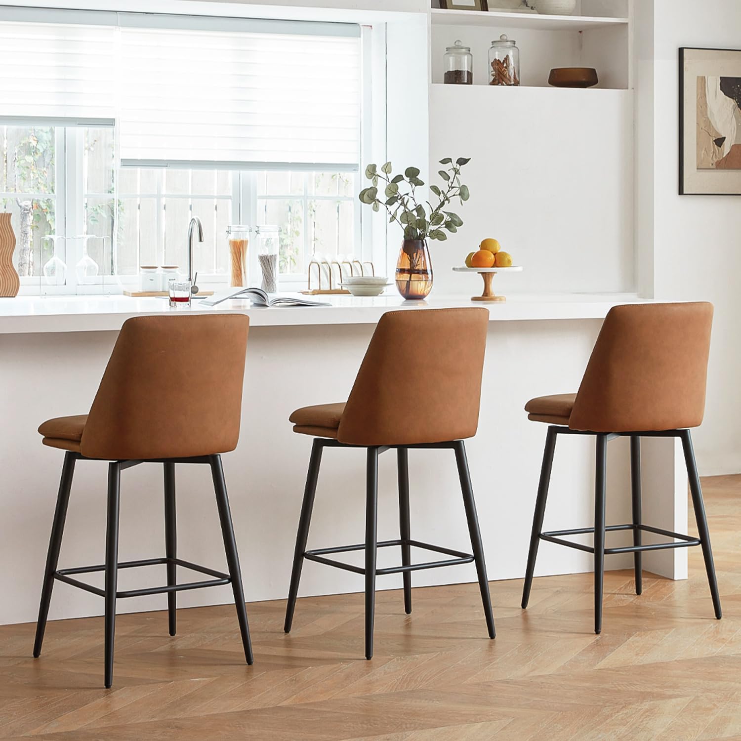 Brown Counter Height Bar Stools Set of 3, 26 Inch Seat Height with Back and Metal Legs, 360° Swivel Upholstered Faux Leather Swivel Bar Stools
