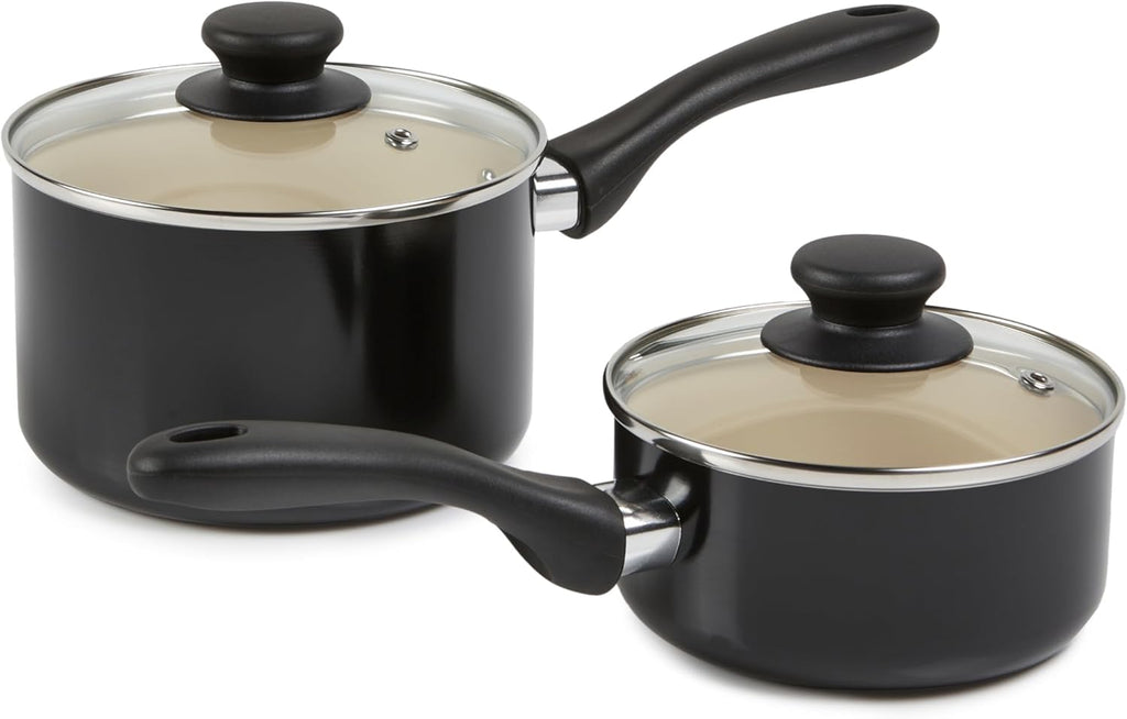 Amazon Basics 11-Piece Ceramic Non-Stick Pots and Pans Set, Dishwasher & Oven Safe, Easy Clean, Glass Lids, Black/Cream