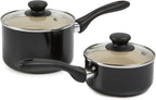 Amazon Basics 11-Piece Ceramic Non-Stick Pots and Pans Set, Dishwasher & Oven Safe, Easy Clean, Glass Lids, Black/Cream