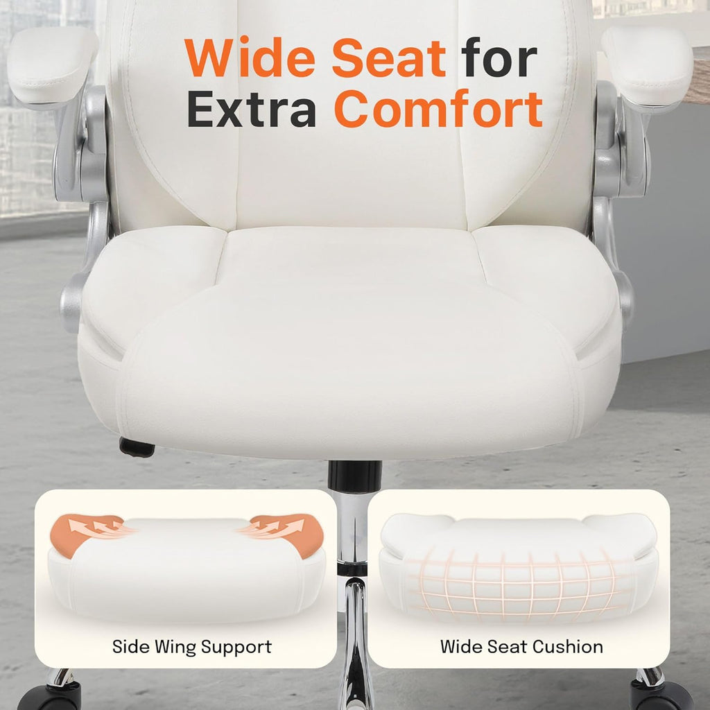 NEO CHAIR Office Desk Gaming Computer Home Chair Ergonomic Executive High Back Support Flip-up Arms Adjustable Height Swivel Rolling Wheels Comfy PU Leather (White)