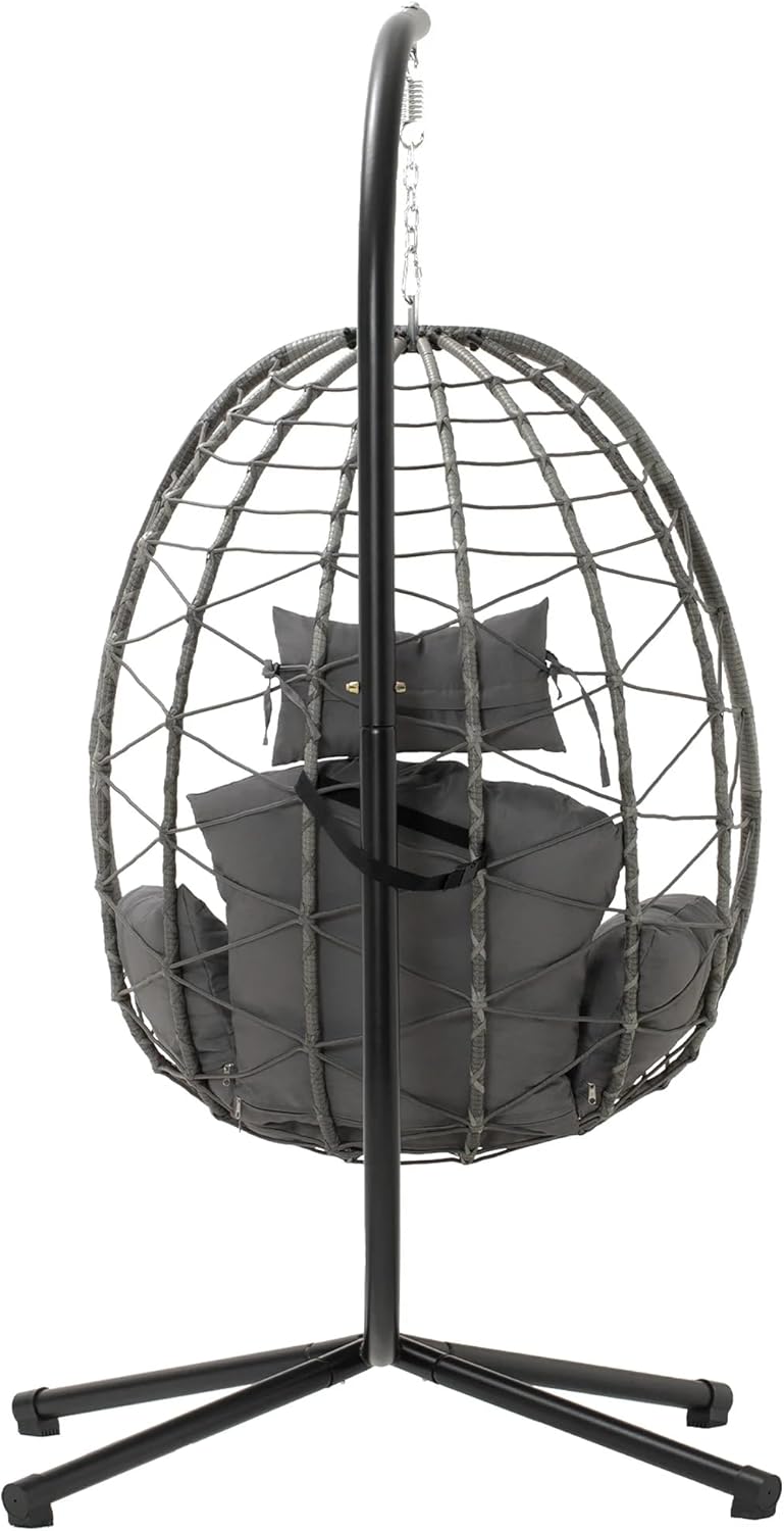 LEX CRAFT Egg Chair with Stand, Swing Chair Hanging Chair Nest Basket, UV Resistant Removable & Washable Cushions,350LBS Capacity for Bedroom, Balcony, Garden(GR-GR)