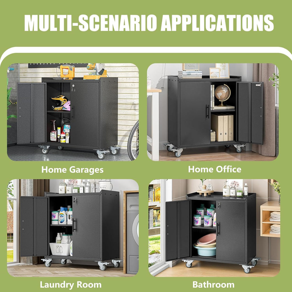 Metal Storage Cabinet with Wheels,Rolling Tool Cabinets with Doors and Adjustable Shelves,Lockable Garage Storage Cabinet,Heavy Duty Tool Chest for Home Office Utility Room,Assembly Required