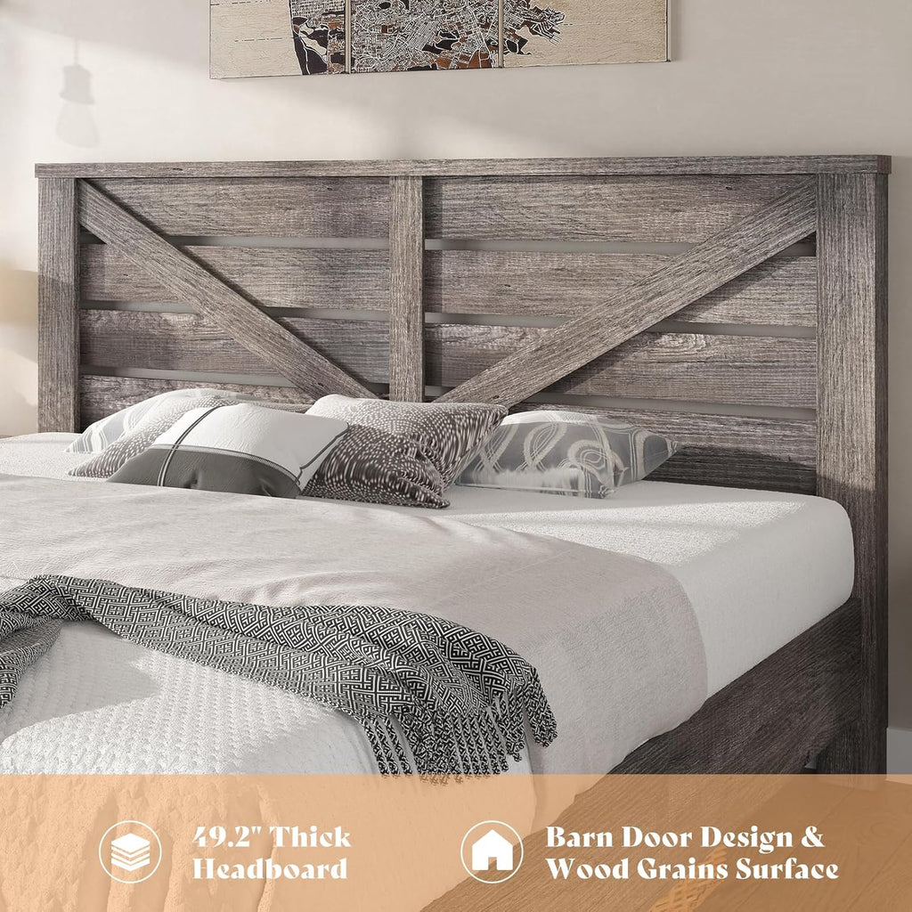 AMERLIFE King Size Farmhouse Bed Frame with 49.2" Barn Door Headboard, Platform Bed Frame with Wood Slats, Under Bed Storage Space, Easy Assembly, Noisy Free, Rustic Gray