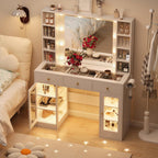 White Vanity Desk with Mirror and Lights, Glass Top Vanity with Lighted Mirror & RGB Glass Cabinet and 3 Drawers, Makeup Vanity Desk with Lights Dressing Table for Bedroom, 3 Color Modes