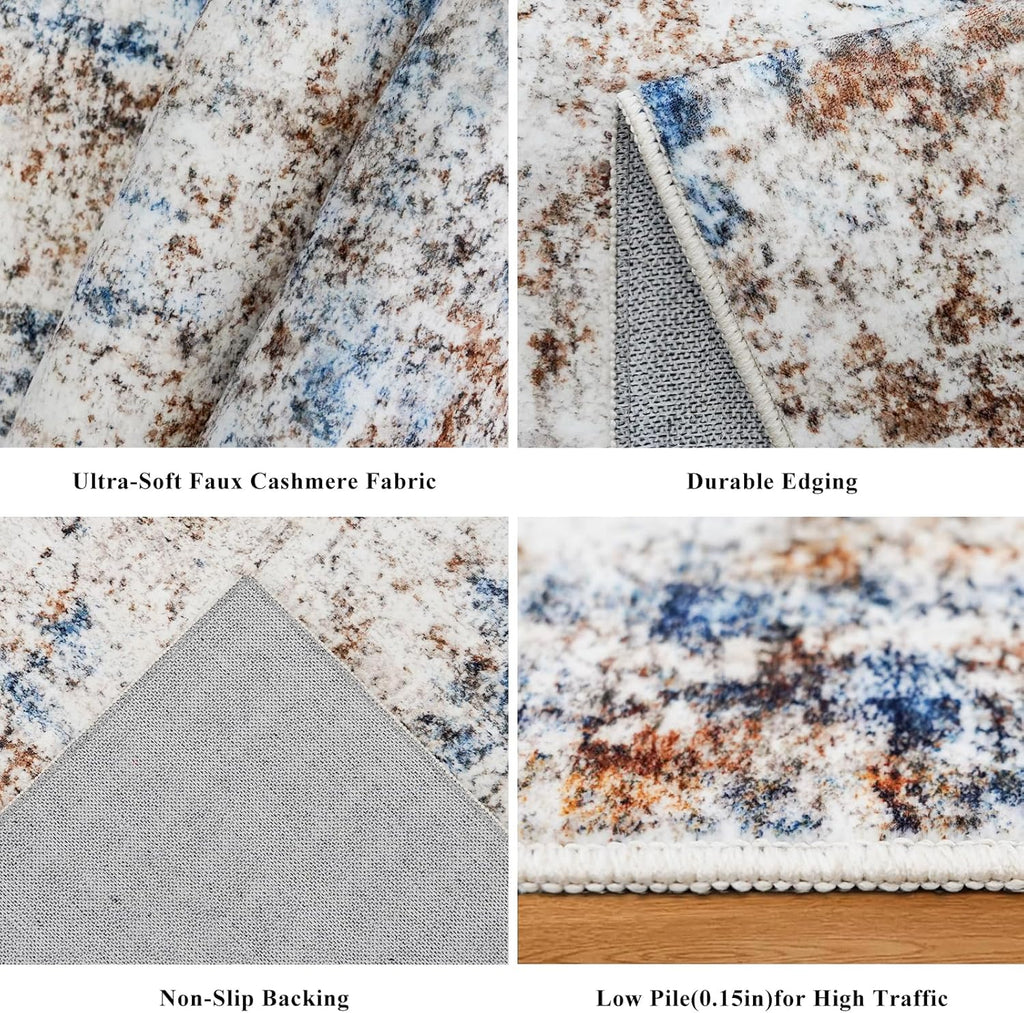 12x18 ft Extra Large Living Room Rug – Washable Modern Abstract Neutral Oversize Rugs for Bedroom,Dining Room,Family Room – Non-Slip Low-Pile Thin Stain-Resistant Carpet（Blue Brown）