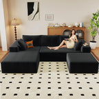96" U-Shape Cloud Couch, Modern Modular Sectional L-Shape Sofa with Ottoman, Corduroy Upholstered Couches Deep Seat Sleeper Chaise Longue for Living Room, No Assembly Required(Black, Left Facing)
