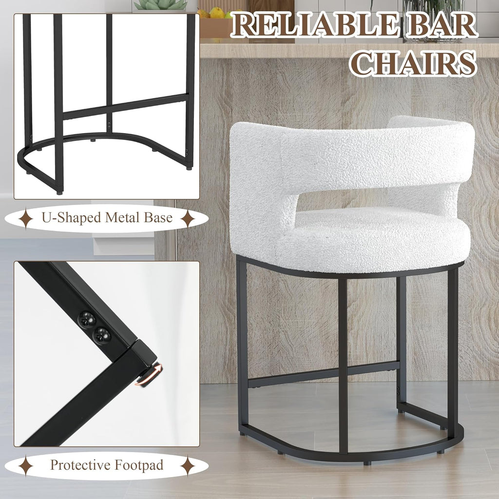 Westice Bar Stools Set of 3, 26” Seat Height Counter Height Stools with Curved Backrest, Barrel Sherpa Fabric Bar Chairs with Metal Frames, Upholstered Chairs for Kitchen Island, Pub, Club, Beige