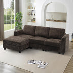 87" Chenille 3 Seater Couch with Soft Ottoman, L-Shape Sectional Sofa with Durable Cup Holders, Upholstered Sofa with Comfy Backrests for Living Room, House, Brown