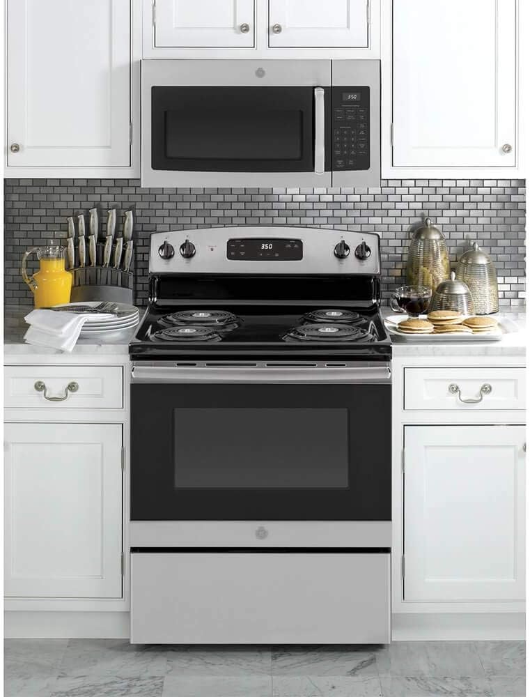 GE JVM3160RFSS 30" OTR Microwave, 1.6 cu ft, 1000W, 300 CFM Hood Vent, LED Lighting, Auto Defrost, Easy Mount Install, Stainless Steel