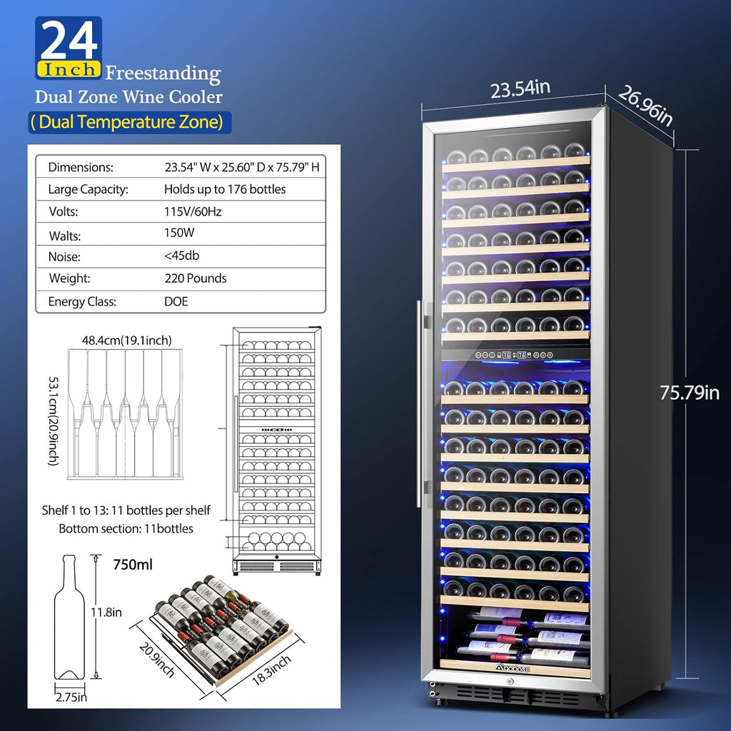 AAOBOSI Wine Cooler Refridgerator 24 Inch, 176 Bottles Dual Zone Wine Fridge with Double-Layer Tempered Glass Door and Temperature Memory Fuction,Built-in or Freestanding.