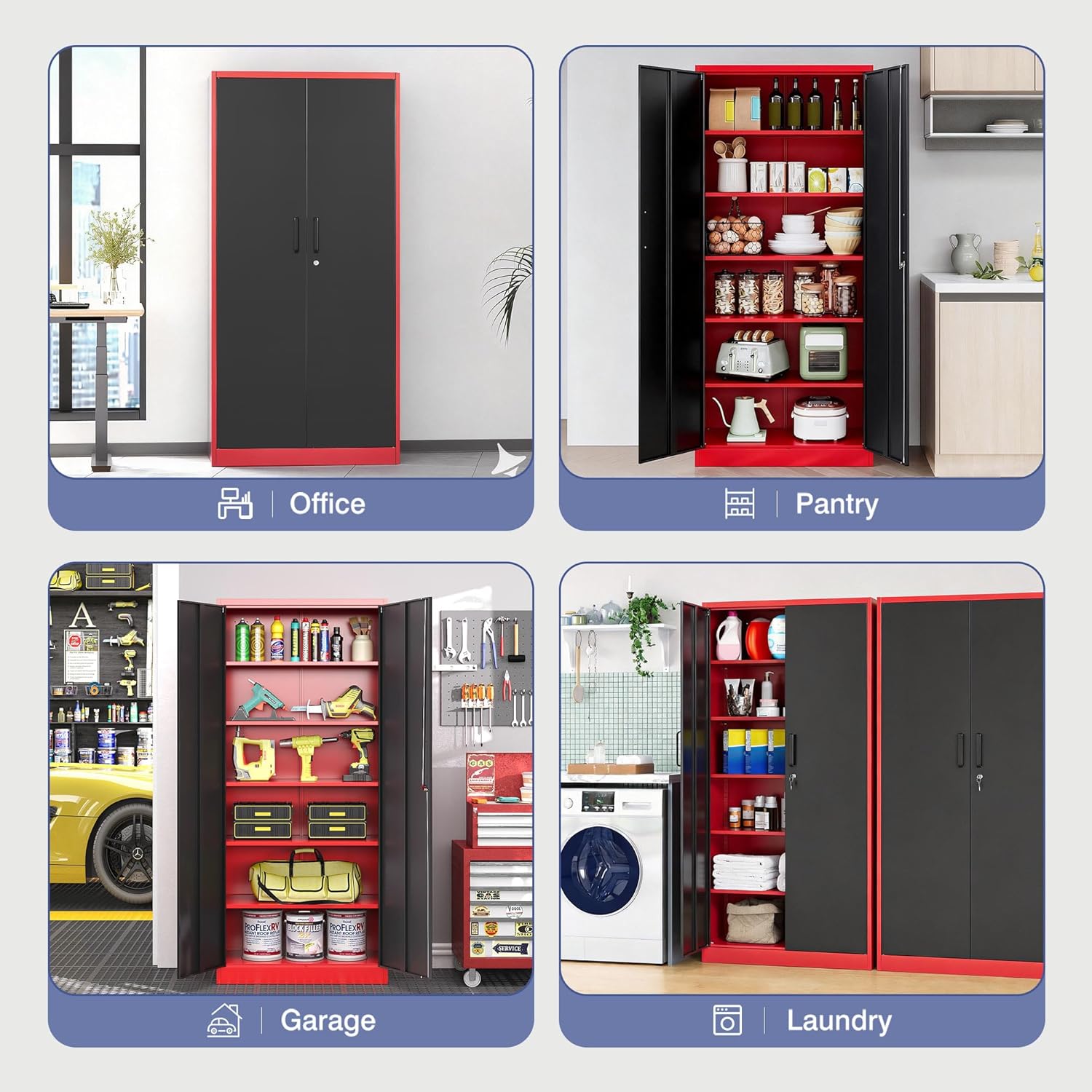 Metal Storage Cabinet with Lock,71 Inch Garage Cabinet with 2 Doors and 5 Adjustable Shelves,Steel Storage Cabinets for Garage,Home Office,Pantry,School(Red & Black)