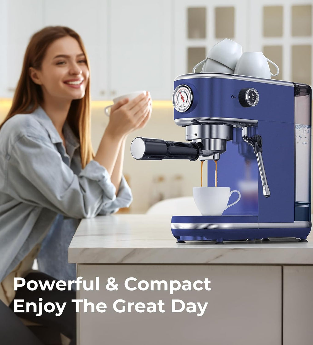 20 Bar Espresso Machine with Milk Frother, Compact Espresso Maker, Stainless Steel Coffee Machine with Precise Temp Control & 44oz Removable Water Tank for Latte, Cappuccino, Dark Blue