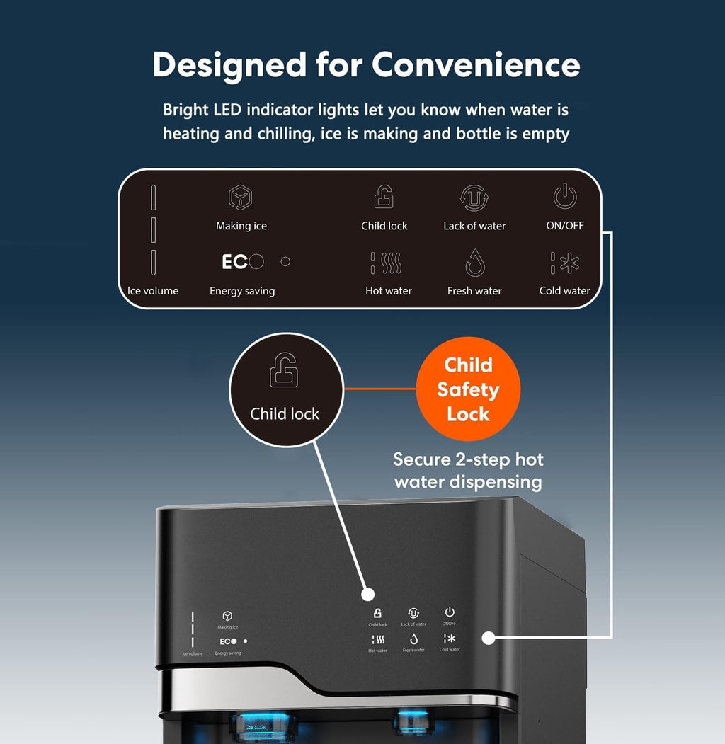 Self Clean Water Cooler Dispenser and Ice Maker Bottom Loading for 5 Gallon 3 Temperature Settings 22lbs Daily Capacity Ice Full Alert Night Light Black