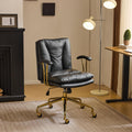 VINGLI Home Office Desk Chair Comfy with Wheels & Removable Armrests,Gold Base Vanity Chair with Back, Adjustable Rolling Swivel Computer Task Chair for Study,Makeup,Office,Bedroom,PU Leather,Black