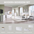 Modern Queen Size Bed Frame with 50" Tall Headboard, Wood Queen Size Platform Bed Frame w/3 Storage Drawers, Curved Profile Design, Wood & Steel Platform Bed, No Box Spring Needed, White