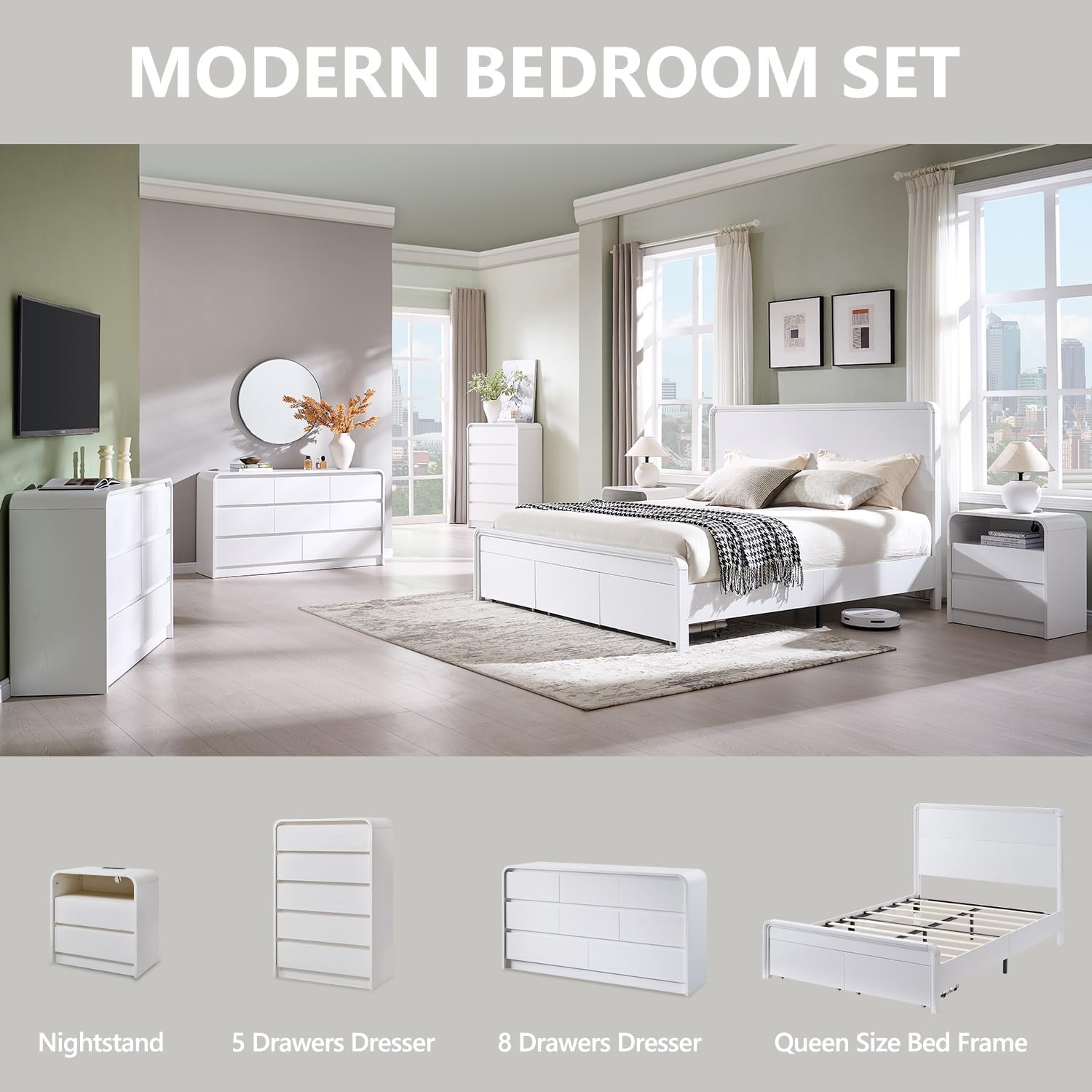 Modern Queen Size Bed Frame with 50" Tall Headboard, Wood Queen Size Platform Bed Frame w/3 Storage Drawers, Curved Profile Design, Wood & Steel Platform Bed, No Box Spring Needed, White