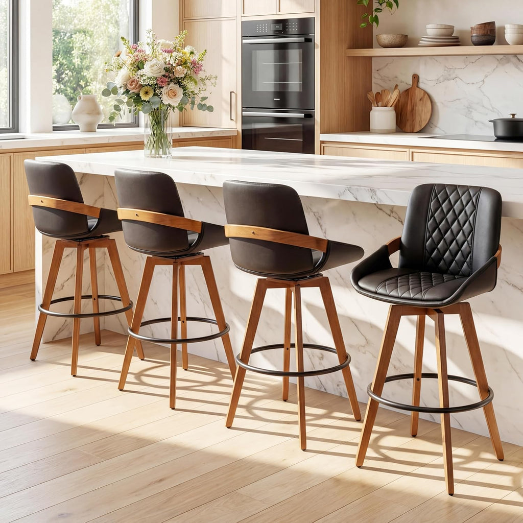 26 Inch Counter Height Stools Set of 2, Modern Mid Century Upholstered Upholstered Swivel Stool with Curved Back and Arms for Kitchen Island, Black