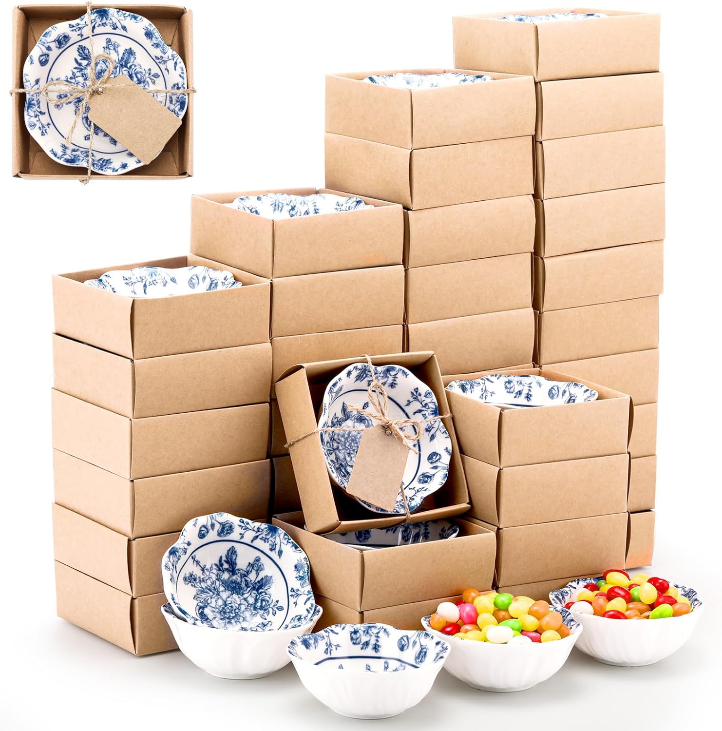 SiliFine 48 Pcs Wedding Favors for Guests Small Ceramic Bowl Bulk Gifts Set 3.3 Inch Floral Design Mini Dipping Sauce Dish with Card Box for Bridal Pooja Baby Shower Birthday (Flower,Blue)