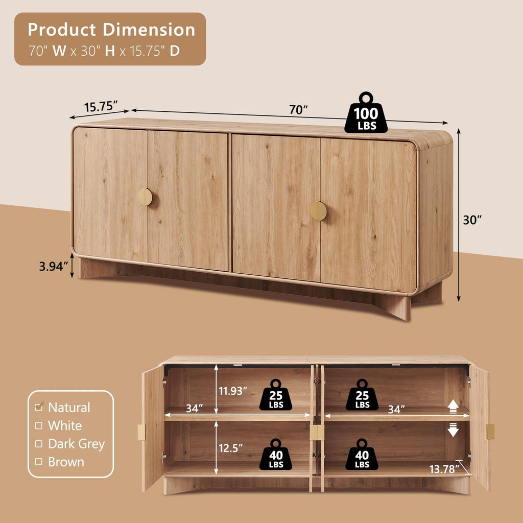 Modern Buffet Cabinet with Storage, 70" Large Sideboard Buffet Storage Cabinet with 4 Doors and Adjustable Shleves, Wooden Curved Coffee Bar for Dining Room, Kitchen, Living Room, Natural Oak