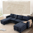 110" Chenille U-Shape Sofa with Flexible Ottomans, Comfy Sectional Sofa with 2 Built-in Cup Holders, Convertible 4 Seats Couch with Well-Filled Back Cushions for Living Room, House, Blue