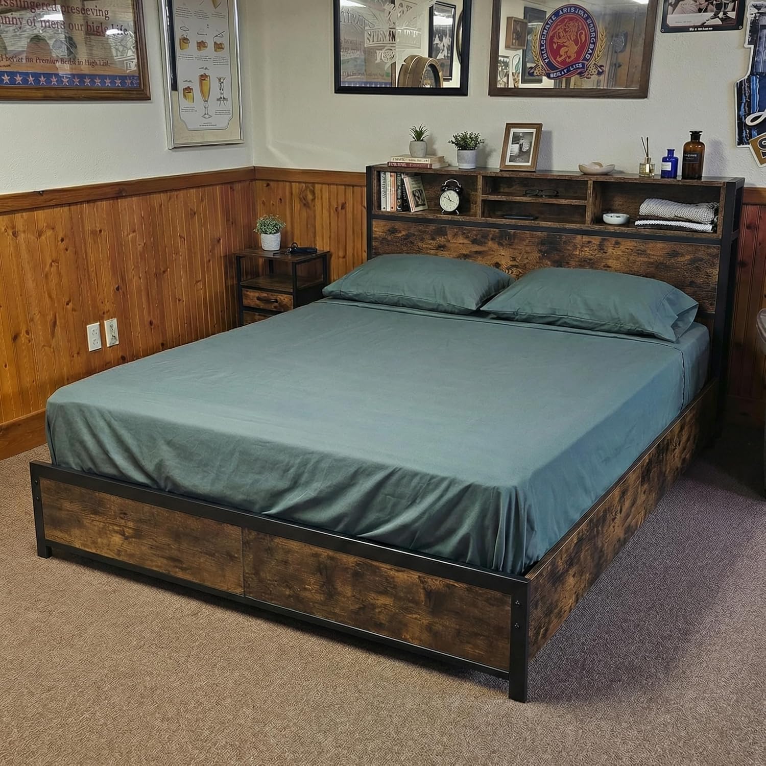 EnHomee Queen Bed Frame with 6 Storage Drawers, Bed Frame Queen Size with Headboard & Charging Station, No Noise,No Box Springs Needed,Vintage Brown