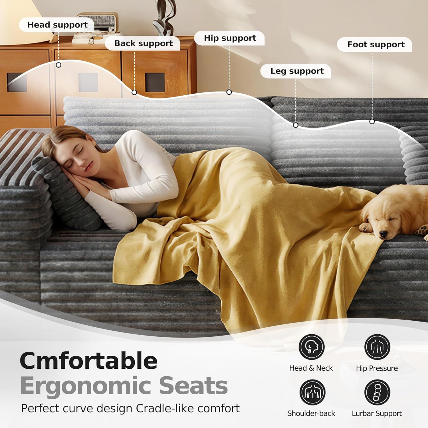 108.2" Modular Sectional Sofa with Deep Seat, Boneless L Shaped Corduroy Couch Modern Comfort, Cloud Couch Oversized for Living Room No Assembly (Right Facing Chaise,Gray)