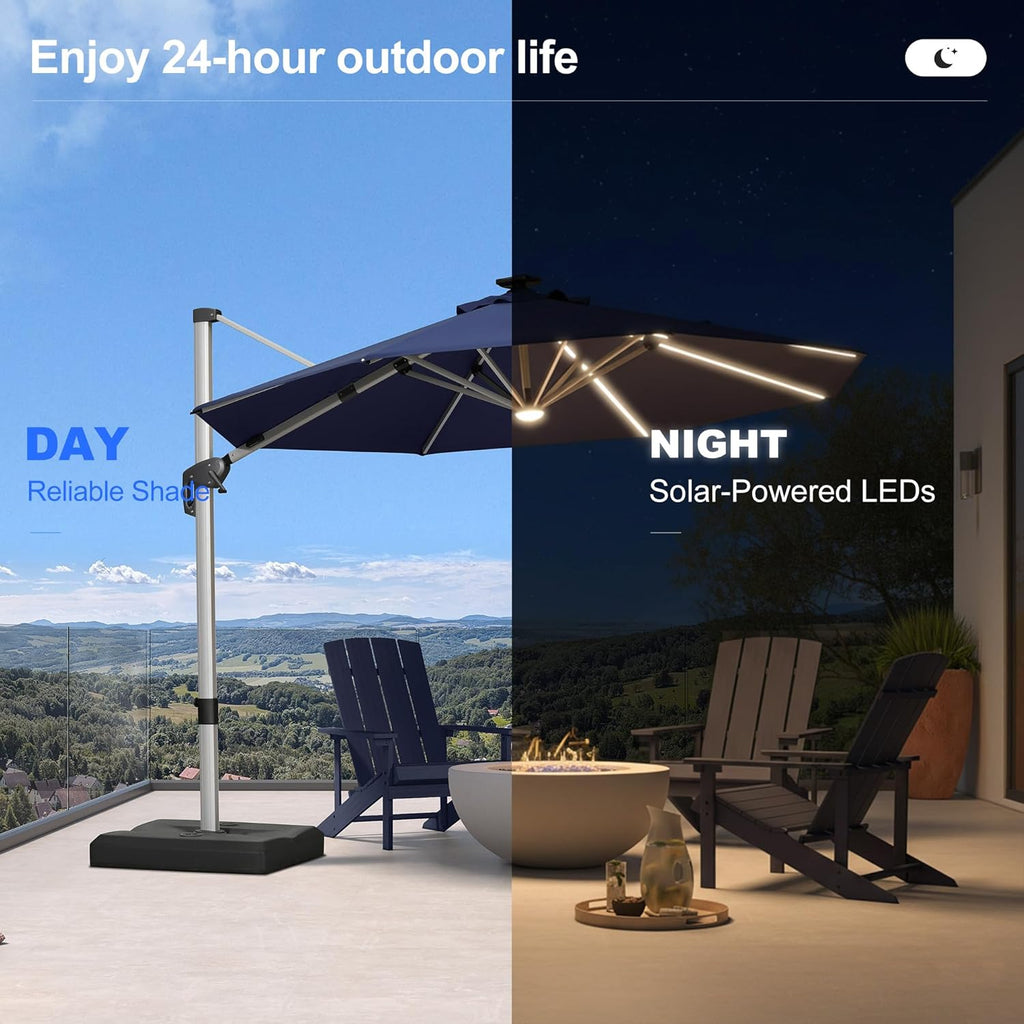 PURPLE LEAF 10ft Patio Umbrella with Lights Outdoor Round Cantilever Solar Powered LED Umbrella with 360-degree Rotation for Garden Deck Pool Patio, Navy Blue