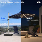PURPLE LEAF 10ft Patio Umbrella with Lights Outdoor Round Cantilever Solar Powered LED Umbrella with 360-degree Rotation for Garden Deck Pool Patio, Navy Blue
